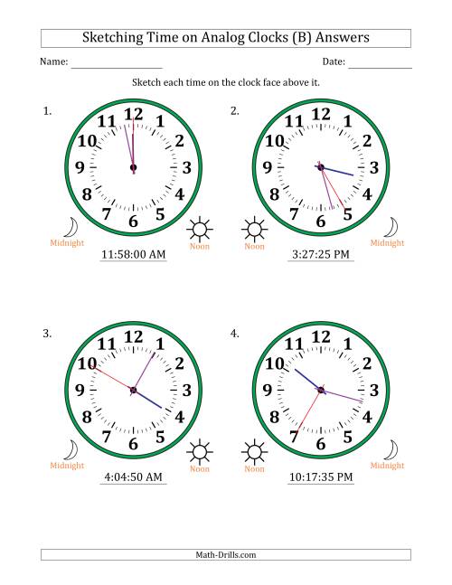 The Sketching 12 Hour Time on Analog Clocks in 5 Second Intervals (4 Large Clocks) (B) Math Worksheet Page 2