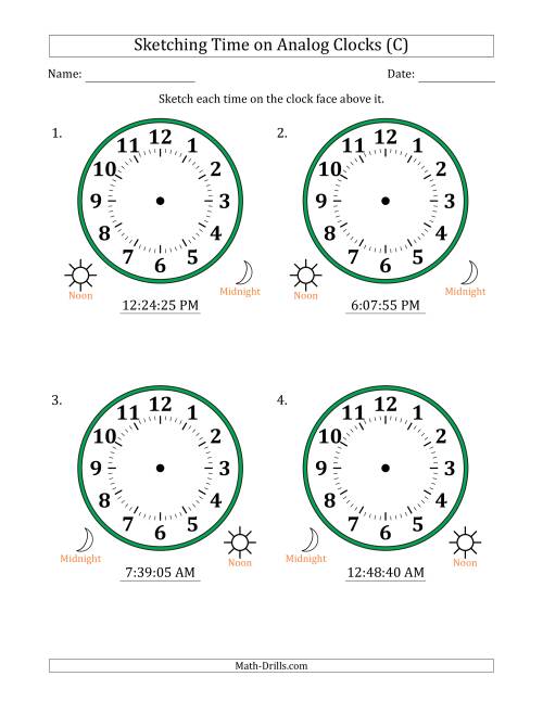 The Sketching 12 Hour Time on Analog Clocks in 5 Second Intervals (4 Large Clocks) (C) Math Worksheet