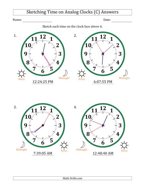 The Sketching 12 Hour Time on Analog Clocks in 5 Second Intervals (4 Large Clocks) (C) Math Worksheet Page 2