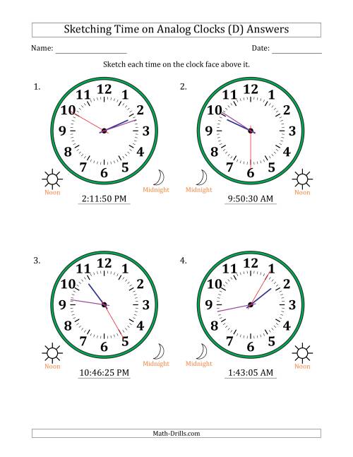 The Sketching 12 Hour Time on Analog Clocks in 5 Second Intervals (4 Large Clocks) (D) Math Worksheet Page 2