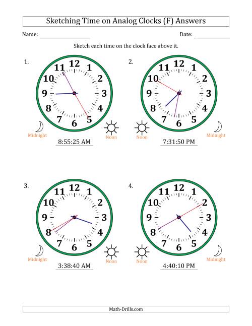 The Sketching 12 Hour Time on Analog Clocks in 5 Second Intervals (4 Large Clocks) (F) Math Worksheet Page 2