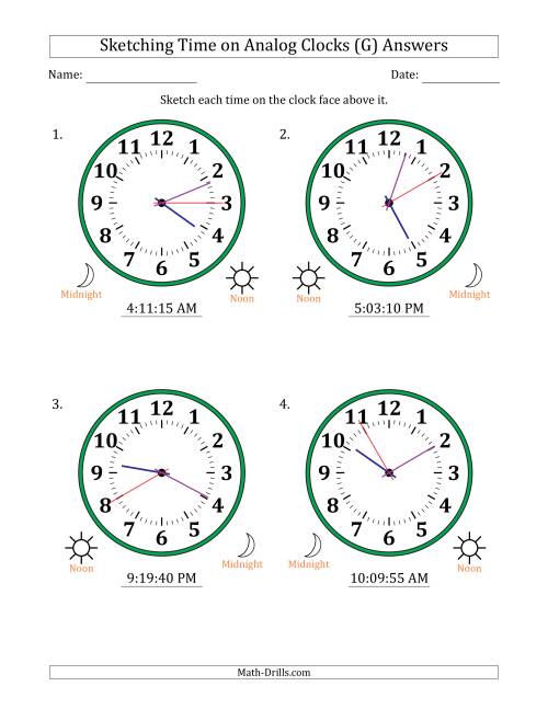 The Sketching 12 Hour Time on Analog Clocks in 5 Second Intervals (4 Large Clocks) (G) Math Worksheet Page 2