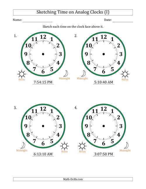 The Sketching 12 Hour Time on Analog Clocks in 5 Second Intervals (4 Large Clocks) (I) Math Worksheet