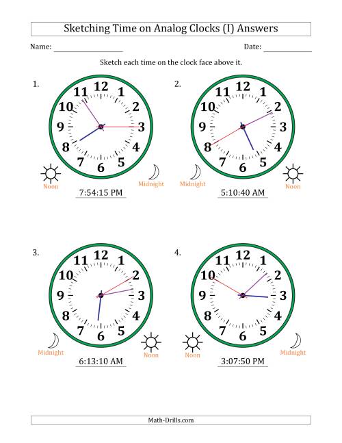 The Sketching 12 Hour Time on Analog Clocks in 5 Second Intervals (4 Large Clocks) (I) Math Worksheet Page 2