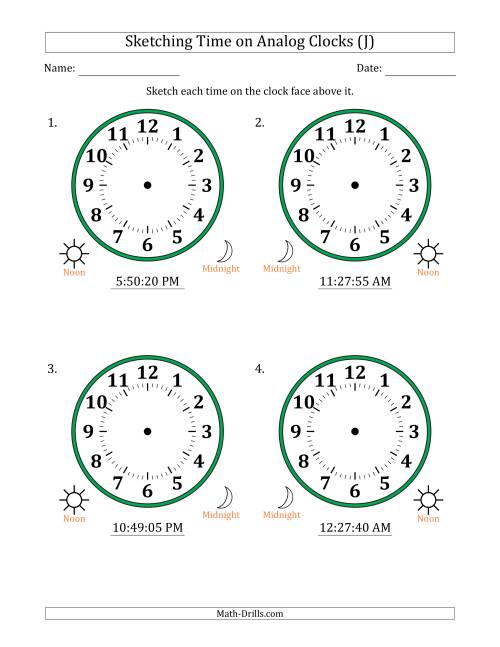 The Sketching 12 Hour Time on Analog Clocks in 5 Second Intervals (4 Large Clocks) (J) Math Worksheet