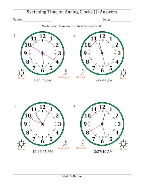 The Sketching 12 Hour Time on Analog Clocks in 5 Second Intervals (4 Large Clocks) (J) Math Worksheet Page 2
