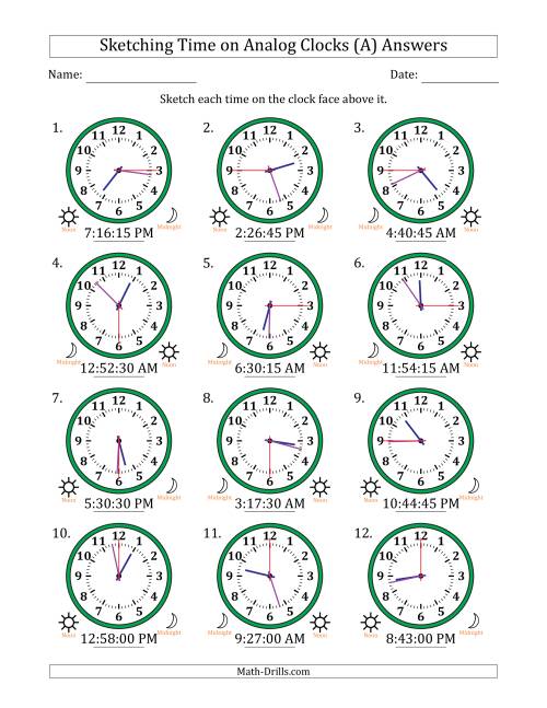 The Sketching 12 Hour Time on Analog Clocks in 15 Second Intervals (12 Clocks) (A) Math Worksheet Page 2