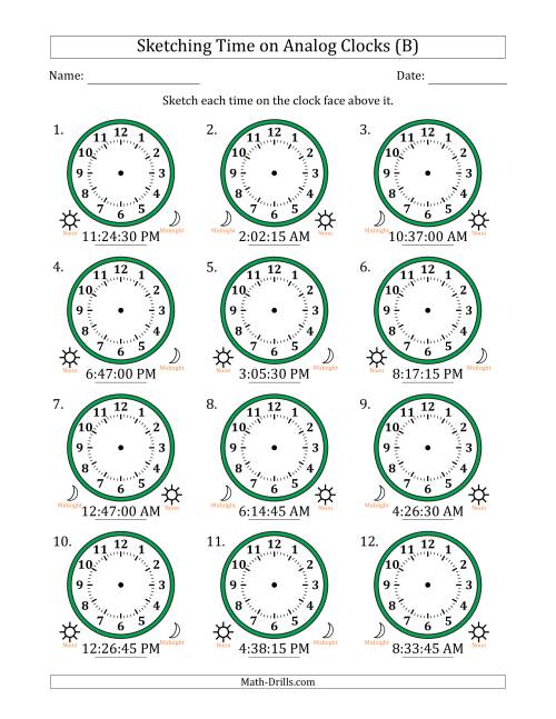 The Sketching 12 Hour Time on Analog Clocks in 15 Second Intervals (12 Clocks) (B) Math Worksheet