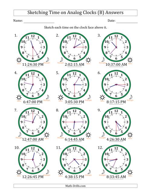 The Sketching 12 Hour Time on Analog Clocks in 15 Second Intervals (12 Clocks) (B) Math Worksheet Page 2