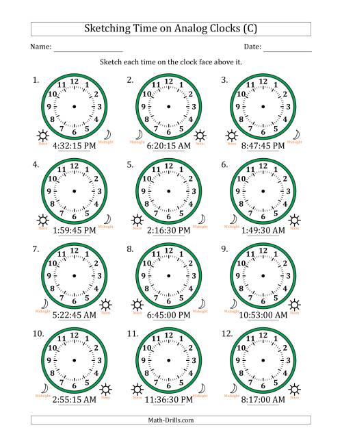 The Sketching 12 Hour Time on Analog Clocks in 15 Second Intervals (12 Clocks) (C) Math Worksheet
