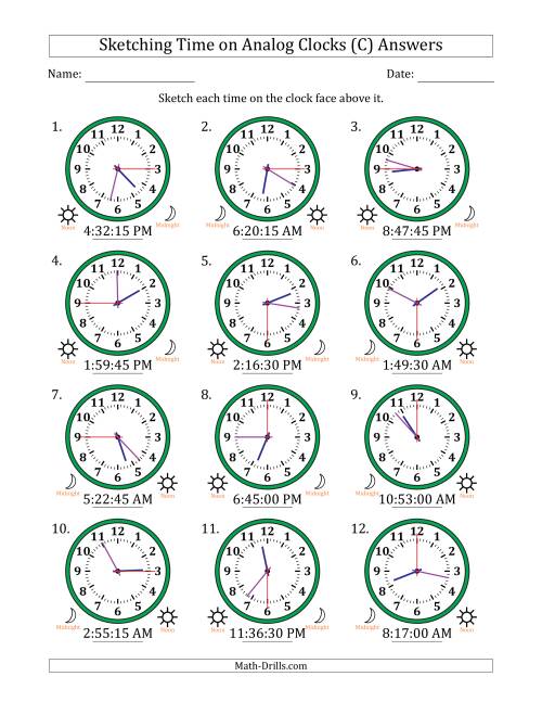 The Sketching 12 Hour Time on Analog Clocks in 15 Second Intervals (12 Clocks) (C) Math Worksheet Page 2