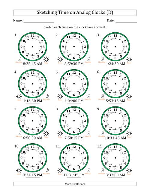 The Sketching 12 Hour Time on Analog Clocks in 15 Second Intervals (12 Clocks) (D) Math Worksheet