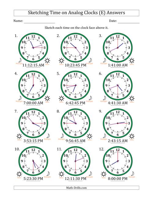 The Sketching 12 Hour Time on Analog Clocks in 15 Second Intervals (12 Clocks) (E) Math Worksheet Page 2