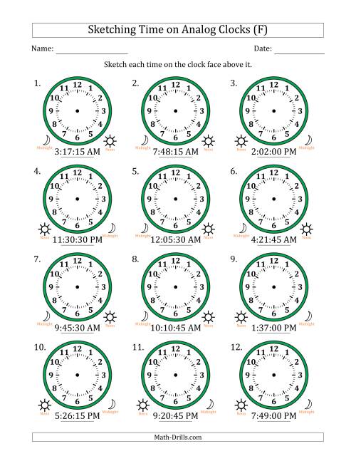 The Sketching 12 Hour Time on Analog Clocks in 15 Second Intervals (12 Clocks) (F) Math Worksheet