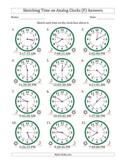 The Sketching 12 Hour Time on Analog Clocks in 15 Second Intervals (12 Clocks) (F) Math Worksheet Page 2