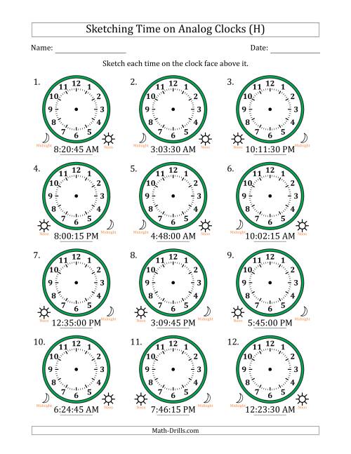The Sketching 12 Hour Time on Analog Clocks in 15 Second Intervals (12 Clocks) (H) Math Worksheet