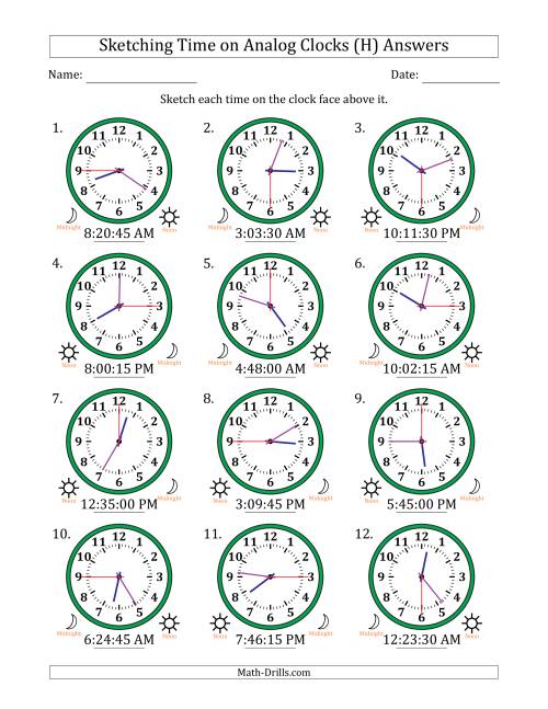 The Sketching 12 Hour Time on Analog Clocks in 15 Second Intervals (12 Clocks) (H) Math Worksheet Page 2