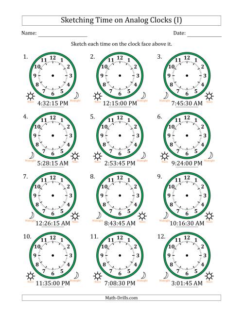 The Sketching 12 Hour Time on Analog Clocks in 15 Second Intervals (12 Clocks) (I) Math Worksheet