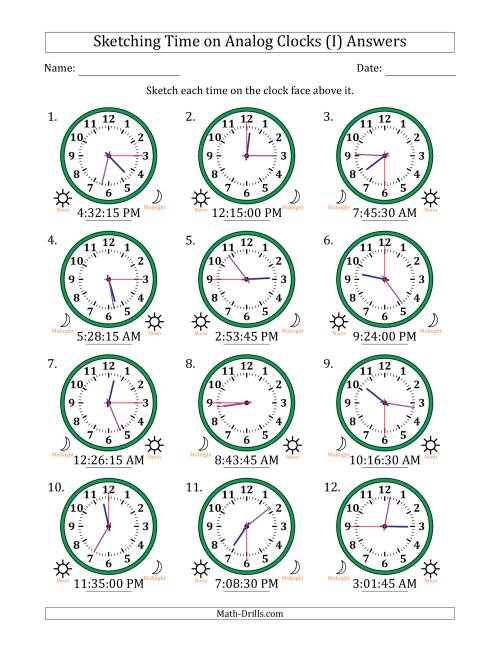 The Sketching 12 Hour Time on Analog Clocks in 15 Second Intervals (12 Clocks) (I) Math Worksheet Page 2