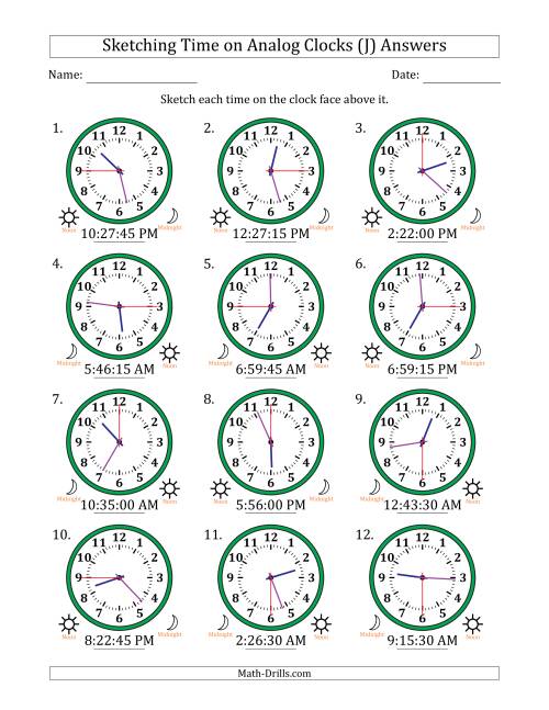 The Sketching 12 Hour Time on Analog Clocks in 15 Second Intervals (12 Clocks) (J) Math Worksheet Page 2