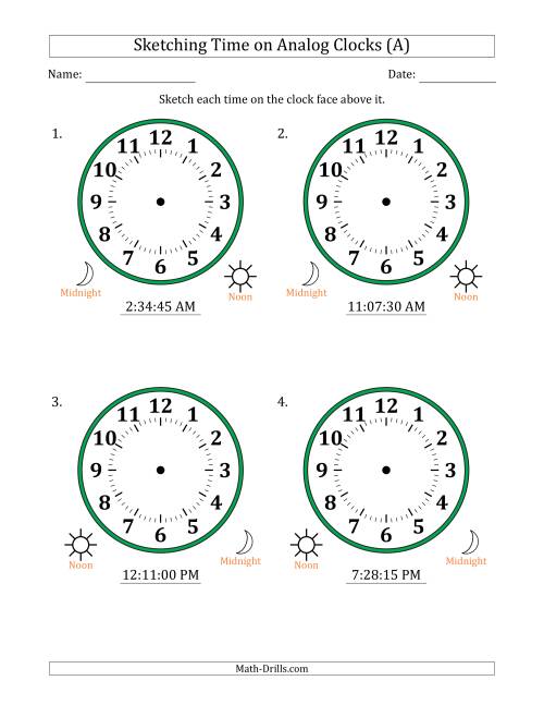 The Sketching 12 Hour Time on Analog Clocks in 15 Second Intervals (4 Large Clocks) (A) Math Worksheet