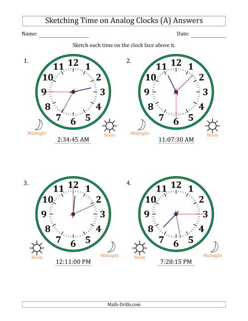 The Sketching 12 Hour Time on Analog Clocks in 15 Second Intervals (4 Large Clocks) (A) Math Worksheet Page 2