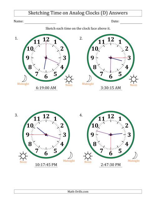 The Sketching 12 Hour Time on Analog Clocks in 15 Second Intervals (4 Large Clocks) (D) Math Worksheet Page 2