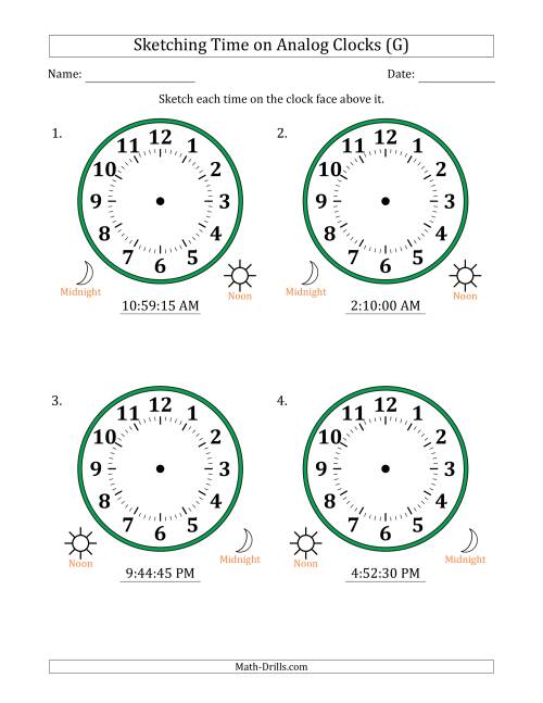 The Sketching 12 Hour Time on Analog Clocks in 15 Second Intervals (4 Large Clocks) (G) Math Worksheet