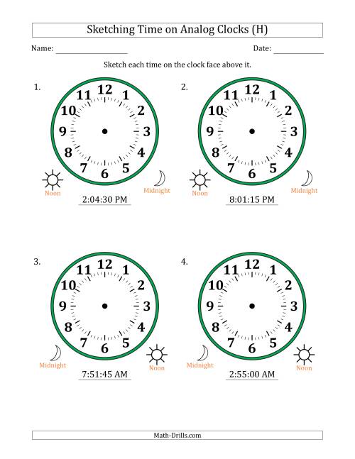 The Sketching 12 Hour Time on Analog Clocks in 15 Second Intervals (4 Large Clocks) (H) Math Worksheet