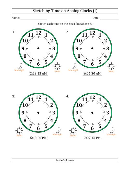 The Sketching 12 Hour Time on Analog Clocks in 15 Second Intervals (4 Large Clocks) (I) Math Worksheet