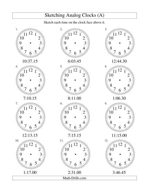 The Sketching Time on Analog Clocks in 15 Second Intervals (Old) Math Worksheet
