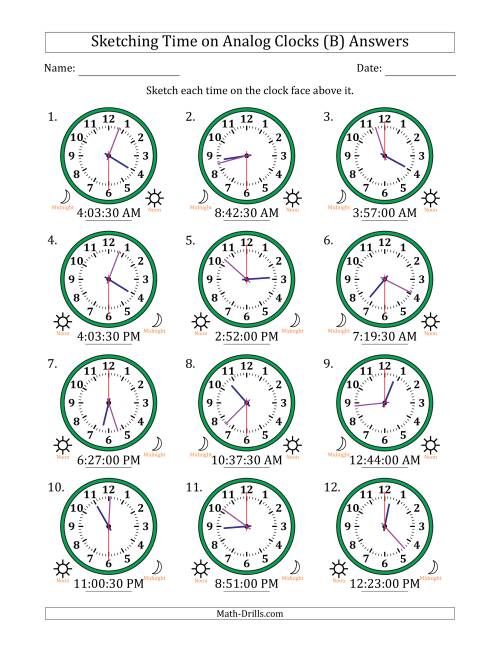The Sketching 12 Hour Time on Analog Clocks in 30 Second Intervals (12 Clocks) (B) Math Worksheet Page 2