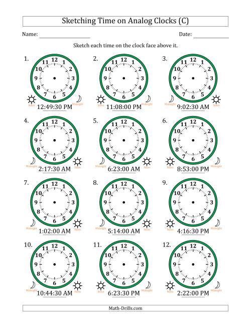 The Sketching 12 Hour Time on Analog Clocks in 30 Second Intervals (12 Clocks) (C) Math Worksheet