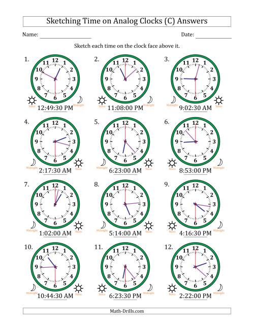 The Sketching 12 Hour Time on Analog Clocks in 30 Second Intervals (12 Clocks) (C) Math Worksheet Page 2