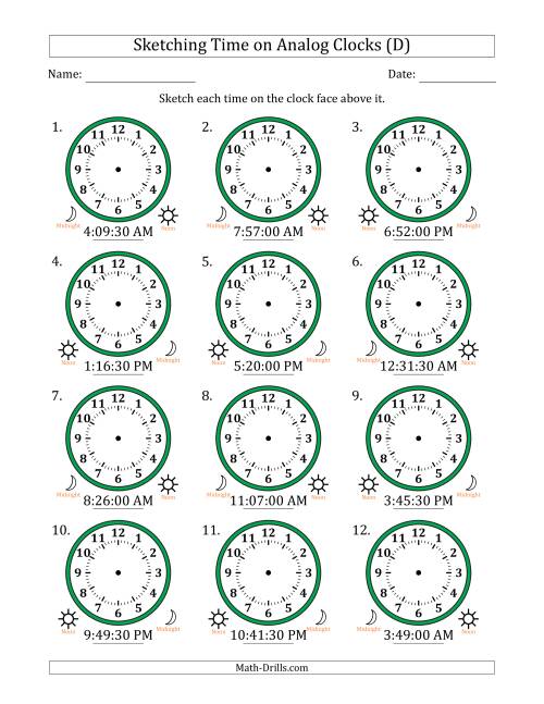 The Sketching 12 Hour Time on Analog Clocks in 30 Second Intervals (12 Clocks) (D) Math Worksheet