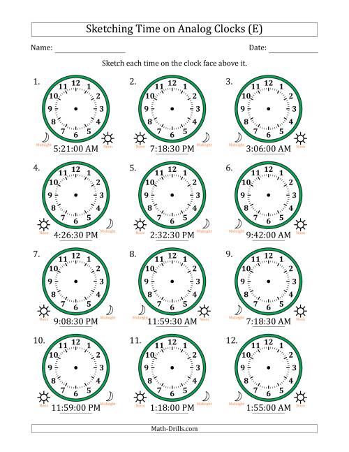 The Sketching 12 Hour Time on Analog Clocks in 30 Second Intervals (12 Clocks) (E) Math Worksheet