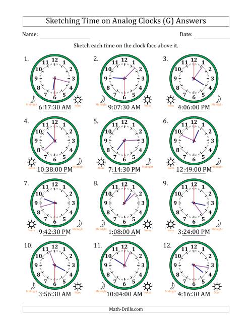 The Sketching 12 Hour Time on Analog Clocks in 30 Second Intervals (12 Clocks) (G) Math Worksheet Page 2