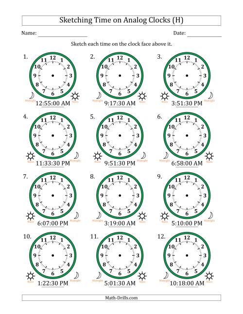 The Sketching 12 Hour Time on Analog Clocks in 30 Second Intervals (12 Clocks) (H) Math Worksheet