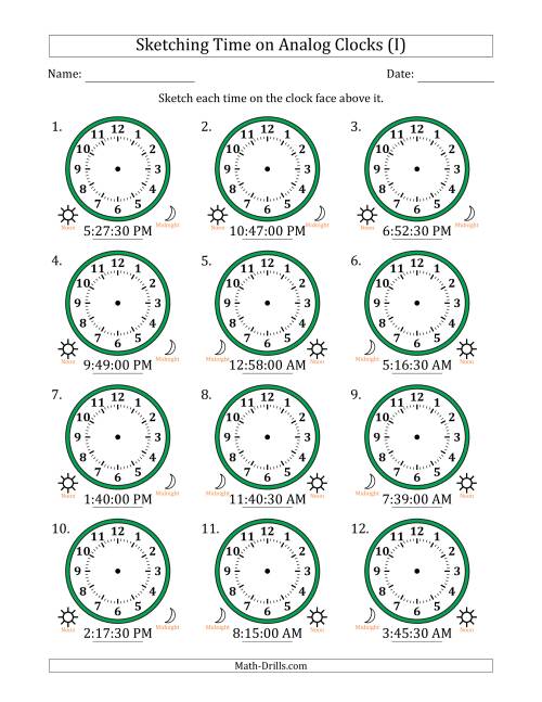 The Sketching 12 Hour Time on Analog Clocks in 30 Second Intervals (12 Clocks) (I) Math Worksheet