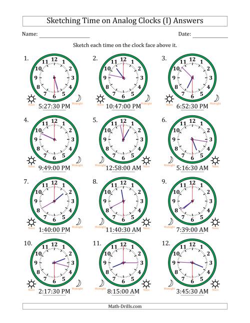 The Sketching 12 Hour Time on Analog Clocks in 30 Second Intervals (12 Clocks) (I) Math Worksheet Page 2