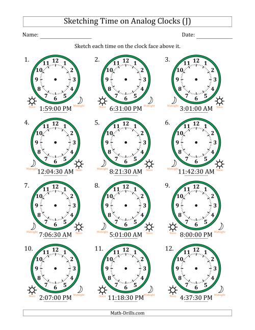 The Sketching 12 Hour Time on Analog Clocks in 30 Second Intervals (12 Clocks) (J) Math Worksheet