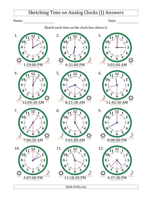The Sketching 12 Hour Time on Analog Clocks in 30 Second Intervals (12 Clocks) (J) Math Worksheet Page 2