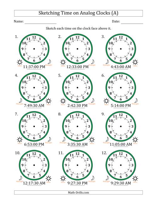 The Sketching 12 Hour Time on Analog Clocks in 30 Second Intervals (12 Clocks) (All) Math Worksheet