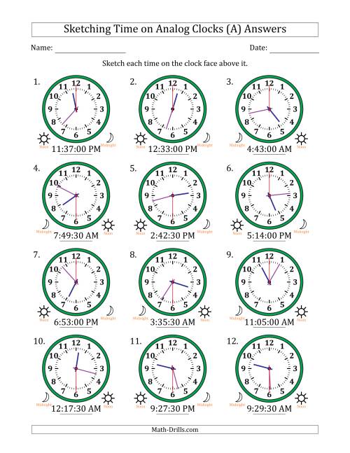 The Sketching 12 Hour Time on Analog Clocks in 30 Second Intervals (12 Clocks) (All) Math Worksheet Page 2