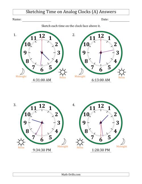 The Sketching 12 Hour Time on Analog Clocks in 30 Second Intervals (4 Large Clocks) (A) Math Worksheet Page 2