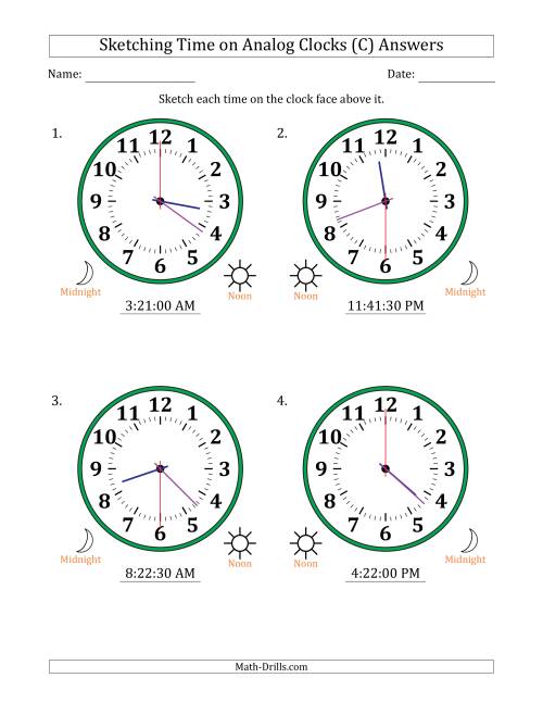 The Sketching 12 Hour Time on Analog Clocks in 30 Second Intervals (4 Large Clocks) (C) Math Worksheet Page 2