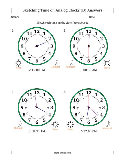 The Sketching 12 Hour Time on Analog Clocks in 30 Second Intervals (4 Large Clocks) (D) Math Worksheet Page 2