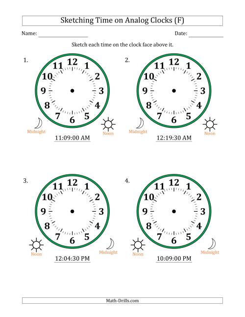 The Sketching 12 Hour Time on Analog Clocks in 30 Second Intervals (4 Large Clocks) (F) Math Worksheet