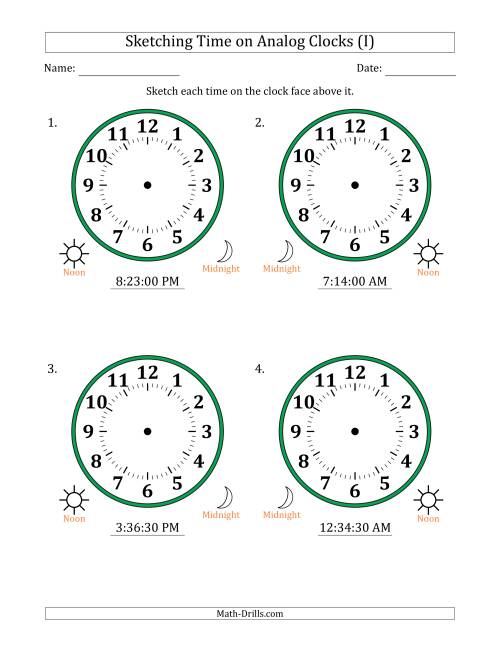 The Sketching 12 Hour Time on Analog Clocks in 30 Second Intervals (4 Large Clocks) (I) Math Worksheet