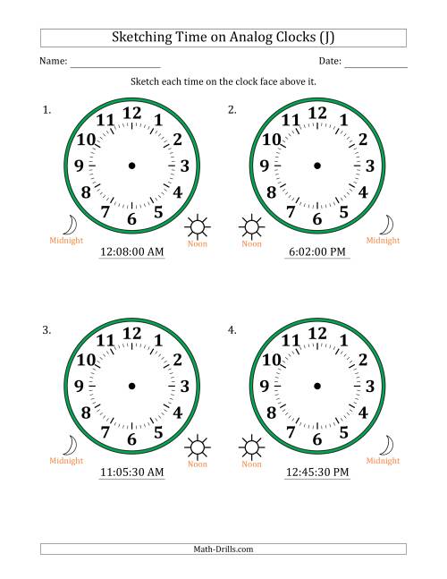 The Sketching 12 Hour Time on Analog Clocks in 30 Second Intervals (4 Large Clocks) (J) Math Worksheet